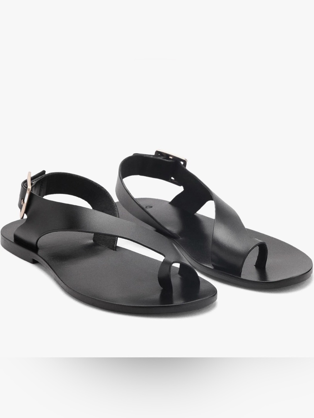 Mango Black Leather Toe-Loop Ankle Strap Sandals